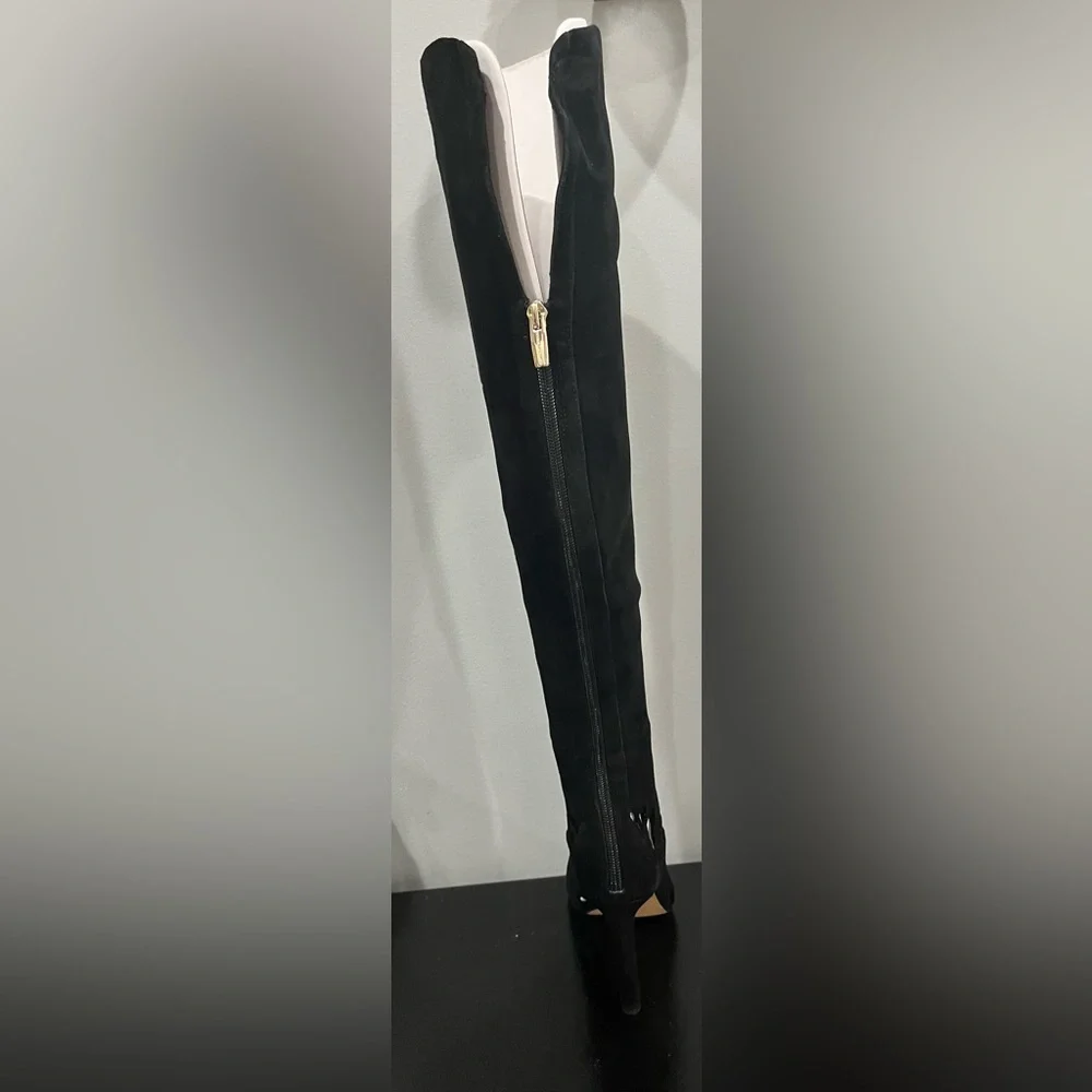 NIB VINCE CAMUTO Shassa Black Suede Open Toe Over-The-Knee Stiletto Heel Boots